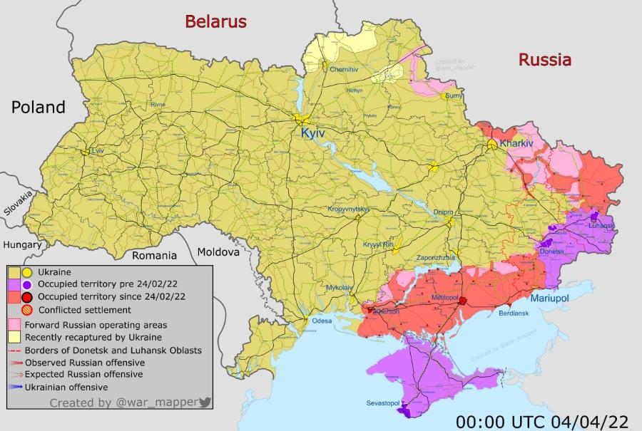 Belarus Poland "Rivne Slovakia Hungary Romania Ukraine Occupied territory pre 24/02/22 Occupied territory since 24/02/22 Conflicted settlement Forward Russian operating areas Recently recaptured by Ukraine -- Borders of Donetsk and Luhansk Oblasts &bull; Observed Russian offensive &rarr; Expected Russian offensive Ukrainian offensive Created by @war_mapper Moldova Chernihiv Nizhyn Kyiv Kropyvnytskyi Kryyyi Rih Mykolaiy Odesa i kerson Sevastopol Created by grwar mapper Sumy Russia Kharkiv Dnipro, -Luhagsh Zaporizhzhia Metitopole Donetsk. Mariupol Berdiansk Created by Gwat_mapper 00:00 UTC 04/04/22