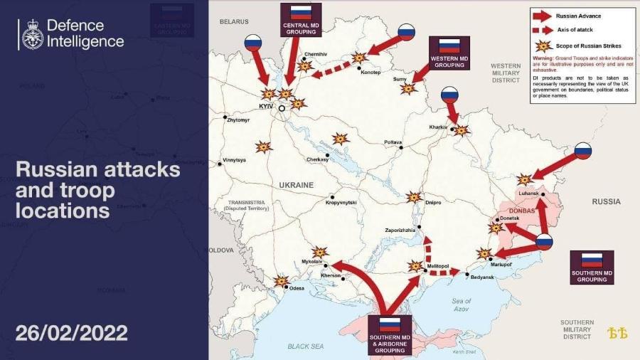 Defence Intelligence POLAND Russian attacks and troop locations charmita 26/02/2022 BELARUS CENTRAL MD GROUPING Chernihiv KYIVR Sum Poltava Zhytomyr Vinnytsya TRANSNISTRIA (Disputed Territory) OLDOVA E Cherkasy UKRAINE Kropyvnytski Mykolaiv Kherson Zaporizhzhia &bull; Odesa BLACK SEA SOUTHERN MD & AIRBORNE GROUPING WESTERN MD GROUPING Kharkiv WESTERN MILITARY DISTRICT Russian Advance Axis of atatck Scope of Russian Strikes Warning: Ground Troops and strike indicators are for illustrative purposes only and are not exhaustive. Di products are not to be taken as necessarily representing the view of the UK govemment on boundaries, palitical status or place names, Dnipro Melitopol Luhansk DONBAS Donetsk Mariupol' RUSSIA Bedyansk Sea of Azov Kerch Stra SOUTHERN MD GROUPING SOUTHERN MILITARY DISTRICTI БЪ