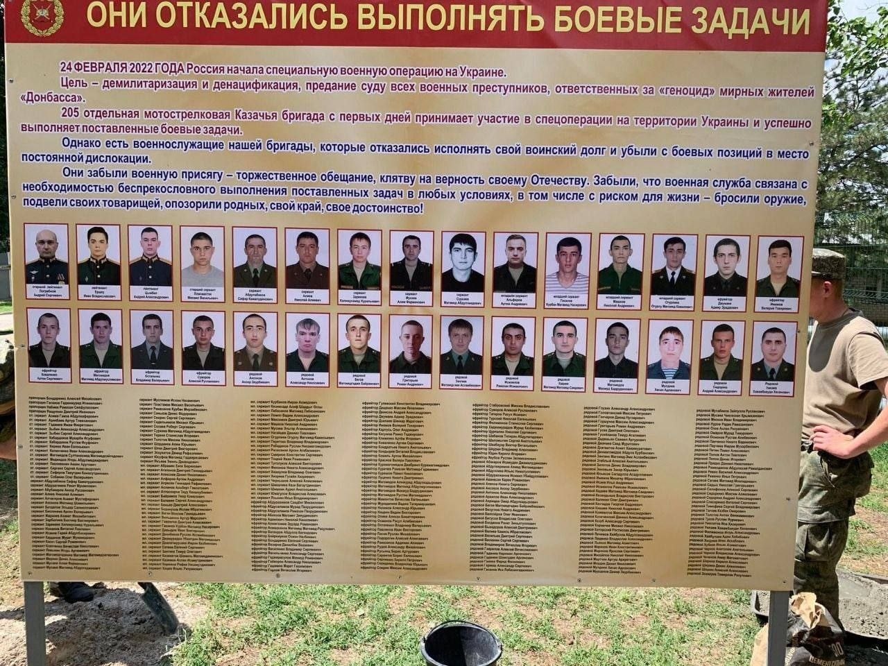 ОНИ ОТКАЗАЛИСЬ ВЫПОЛНЯТЬ БОЕВЫЕ ЗАДАЧИ 24 ФЕВРАЛЯ 2022 ГОДА Россия начала специальную военную операцию на Украине. Цель - демилитаризация и денацификация, предание суду всех военных преступников, ответственных за &laquo;геноцид&raquo; мирных жителей &laquo;Донбасса&raquo;. 205 отдельная мотострелковая Казачья бригада с первых дней принимает участие в спецоперации на территории Украины и успешно выполняет поставленные боевые задачи. Однако есть военнослужащие нашей бригады, которые отказались исполнять свой воинский долг и убыли с боевых позиций в место постоянной дислокации. Они забыли военную присягу - торжественное обещание, клятву на верность своему Отечеству. Забыли, что военная служба связана с необходимостью беспрекословного выполнения поставленных задач в любых условиях, в том числе с риском для жизни - бросили оружие, подвели своих товарищей, опозорили родных, свой край, свое достоинство!