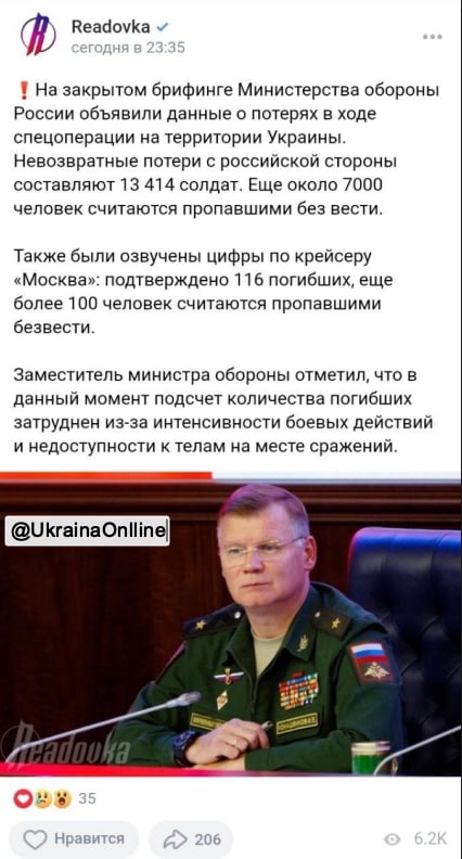 Readovka v сегодня в 23:35 ! На закрытом брифинге Министерства обороны России объявили данные о потерях в ходе спецоперации на территории Украины. Невозвратные потери с российской стороны составляют 13 414 солдат. Еще около 7000 человек считаются пропавшими без вести. Также были озвучены цифры по крейсеру &laquo;Москва&raquo;: подтверждено 116 погибших, еще более 100 человек считаются пропавшими безвести. Заместитель министра обороны отметил, что в данный момент подсчет количества погибших затруднен из-за интенсивности боевых действий и недоступности к телам на месте сражений. @Ukraina Online A000. 35 Нравится 206 6.2K