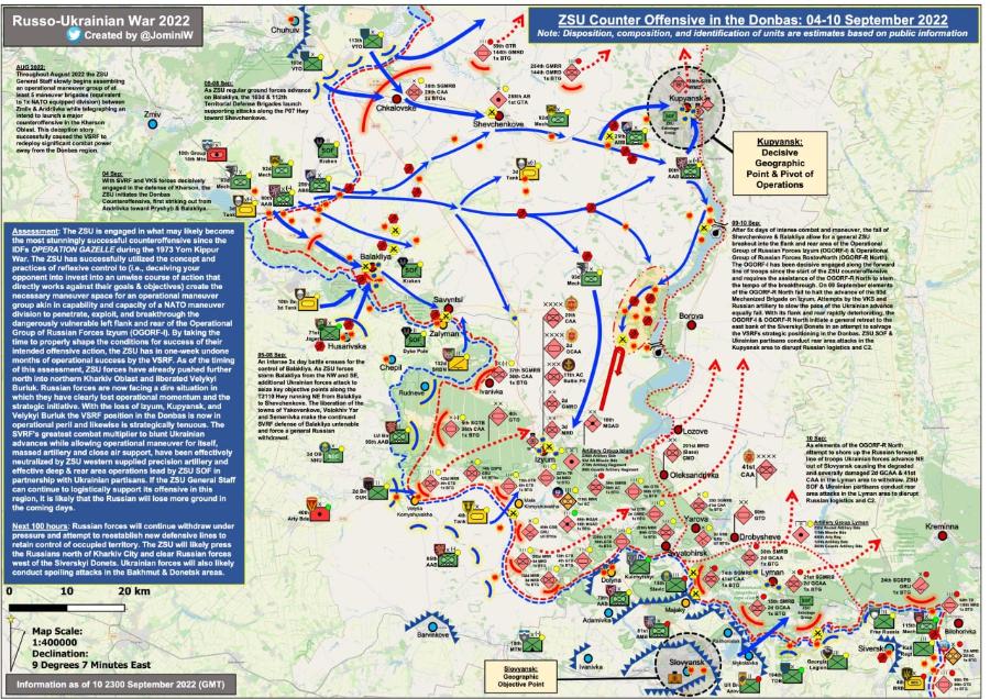 Russo-Ukrainian War 2022 Created by @JominiW Chuhuiv AL0?022 hroughout August 2022 the ZSU least 5 maneuver brigades (equivalent 10 1x NATO equipped division) between counteroffensive in the Kherson Oblast. This deception story successtully caused the VSRF to away from the Donbas region. Zmiv 05-05 Sop: As ZSU regular ground forces advance Territorial Defense Brigades launch supporting attacks along the PO7 Hwy engaged in the defense of Kherson, the Counteroffensive, first striking out from Andnivra toward Pryanyo & balakliya. Assessment: The ZSU is engaged in what may likely become the most stunningly successful counteroffensive since the IDFs OPERATION GAZELLE during the 1973 Yom Kippur War. The ZSU has successfully utilized the concept and practices of reflexive control to (i.e., deceiving your opponent into invest into an unwise course of action that directly works against their goals & objectives) create the necessary maneuver space for an operational maneuver group akin in capability and capacity of a NATO maneuver division to penetrate, exploit, and breakthrough the dangerously vulnerable left flank and rear of the Operational Group of Russian Forces Izyum (OGORF-)). By taking the time to properly shape the conditions for success of their intended offensive action, the ZSU has in one-week undone months of operational success by the VSRF. As of the timing of this assessment, SU forces have already pushed further north into northern Kharkiv Oblast and liberated Velykyi Burluk. Russian forces are now facing a dire situation in which they have clearly lost operational momentum and the strategic initiative. With the loss of lzyum, Kupyansk, and Velykyi Burluk the VSRF position in the Donbas is now in operational peril and likewise is strategically tenuous. The SVRF's greatest combat multiplier to blunt Ukrainian advances while allowing operational maneuver for itself, massed artillery and close air support, have been effectively neutralized by ZSU western supplied precision artillery and effective deep & rear area operations lead by ZSU SOF in partnership with Ukrainian partisans. If the ZSU General Staff can continue to logistically support its offensive in this region, it is likely that the Russian will lose more ground in the coming days. Next 100 hours: Russian forces will continue withdraw under pressure and attempt to reestablish new defensive lines to retain control of occupied territory. The ZSU will likely press the Russians north of Kharkiv City and clear Russian forces west of the Siverskyi Donets. Ukrainian forces will also likely conduct spoiling attacks in the Bakhmut & Donetsk areas. 10 20 km Map Scale: 1:400000 Declination: 9 Degrees 7 Minutes East Information as of 10 2300 September 2022 (GMT) 144th GMRD 34th SGMRD :29th CAA Chkalovske 28Eth AB Shevchenkove ZSU Counter Offensive in the Donbas: 04-10 September 2022 Note: Disposition, composition, and identification of units are estimates based on public information Kupyansk: X, 25th Balakliya 10th Bn Husarivska 05-08 Sep: An intense 3x day battle ensues for the additional Ukrainian forces attack to T2110 Hwy running NE from Balakliya eanchenkow towns of Yakovenkove, Volokhiv Yar and Semenivka make the continued SVRF defense of Balakliya untenable withdrawal. 20 Bn Savyntsi Zalyman' Dyke Pole SHEN Borova OCAA Kupyansk: Decisive Geographic Point & Pivot of Operations 09-10.5ep: Sherchenkove & Balakliya allow for a general ZSU The OGORF-I has been decisive engaged along the forward line of troops since the start of the ZSU counteroffensive and requires the assistance of the OGORF-R North to stem the tempo of the breakthrough, On us Septembe Mechanized Brigade on lzyum. Attempts by the VKS and oqually fall. With its flank and rear rapidly deteriorating, tho east bank of the Siversky Donets in an attempt to salvage Ukrainian partisans conduct rear area attacks in the Kupyansk area to disrupt Russian logistics and C2. Th EPun ато Sth SOTB 1х ВТа toth MGAD Izyum "wir Adamivkn Barvinkov Lozove 201st MRD &bull;Oleksandvka Yarova OXO vatohirsk Slovyans GTD Drobysheve 14th SOMRE* 10 5e0: As elements of the OGORF-R. Noeth out of Slovyansk causing the degraded and severally damaged 2d GCAA & 41st CAA in the Lyman area to withdraw. Z5U area attacks in the Lyman area to disrupt Russian logistics and C2. 24th SGSPB 1x BTG Siversk. Kreminna Biohorivka Slovvanak Geographic Objective Point