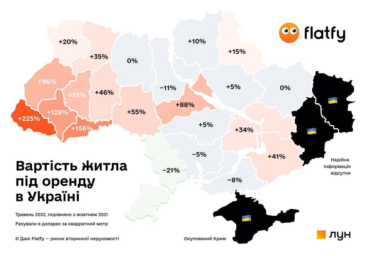 +20% +35% 0% +96% +128% +81% +46% +55% +225% +156% Вартість житла під оренду в Україні Травень 2022, порівняно з жовтнем 2021 Рахували в доларах за квадратний метр &copy; Дані Flatfy - ринок вторинної нерухомості +10% +15% -11% +5% +88% +5% -5% +34% -21% -8% Окупований Крим flatfy 0% +41% Надійна інформація відсутня лун