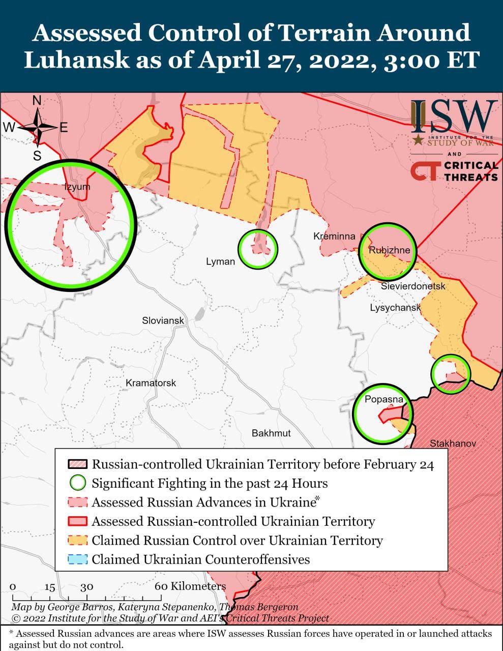 W Assessed Control of Terrain Around Luhansk as of April 27, 2022, 3:00 ET N - E S ISW * STUDY OF WAR AND CRITICAL THREATS Kreminna Rubizhne Lyman Sievierdonetsk Lysychans: Sloviansk Kramatorsk Popasna Bakhmut Stakhanov Russian-controlled Ukrainian Territory before February 24 Significant Fighting in the past 24 Hours T Assessed Russian Advances in Ukraine* Assessed Russian-controlled Ukrainian Territory Claimed Russian Control over Ukrainian Territory Claimed Ukrainian Counteroffensives 15 30 60 Kilometers Map by George Barros, Kateryna Stepanenko, The mas Bergeron &copy; 2022 Institute for the Study of War and AEI'S Critical Threats Project * Assessed Russian advances are areas where ISW assesses Russian forces have operated in or launched attacks against but do not control.