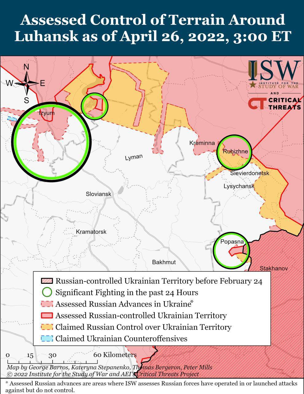 Assessed Control of Terrain Around Luhansk as of April 26, 2022, 3:00 ET N S ISW * STUDY OF WAR AND CRITICAL THREATS tryum Kreminna Rubizhne Lyman Sievierdonetsk Lysychanst Sloviansk Kramatorsk Popasna Bakhmut Stakhanov Russian-controlled Ukrainian Territory before February 24 Significant Fighting in the past 24 Hours T Assessed Russian Advances in Ukraine* Assessed Russian-controlled Ukrainian Territory Claimed Russian Control over Ukrainian Territory Claimed Ukrainian Counteroffensives 15 30 60 Kilometers Map by George Barros, Kateryna Stepanenko, The mas bergeron, Peter Mills &copy; 2022 Institute for the Study of War and AEI'S Critical Threats Project * Assessed Russian advances are areas where ISW assesses Russian forces have operated in or launched attacks against but do not control.