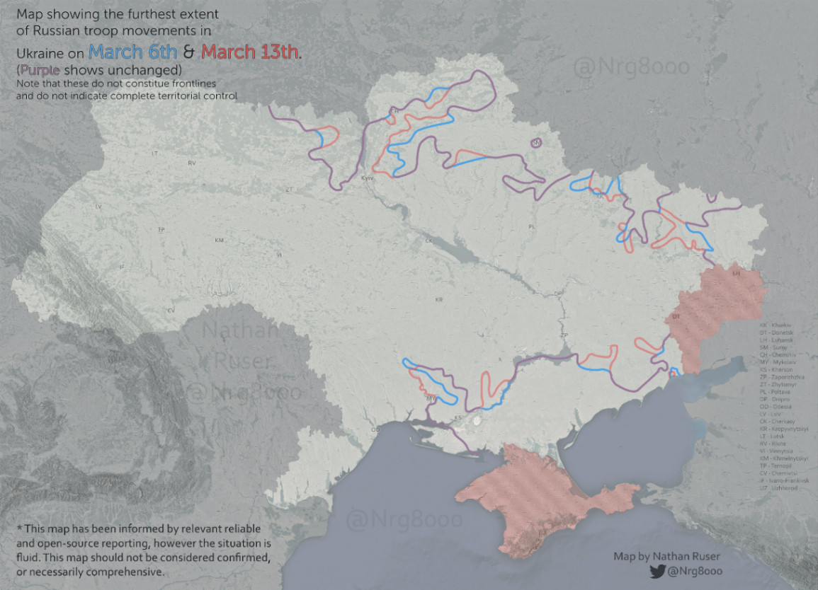 Map showing the furthest extent of Russian troop movements in Ukraine on March 6th & March 13th. (Purple shows unchanged) Note that these do not constitue frontlines and do not indicate complete territorial control athal USeT KK Khaiw OT - Donetsk CH- Lubarak SM - Sunw MY Mykolaiv CS - Kharion ZP -Zaporcheha ZT - Zh/tomy! PL - Polteva Dnipro OD- Odessa CK - Chercisy &laquo;R - Клорукусу) T- Lotsk RV - Rame TP -Ternopil CV - Chemis U7 Wahborod @Nrg8000 * This map has been informed by relevant reliable and open-source reporting, however the situation is fluid. This map should not be considered confirmed, or necessarily comprehensive. Map by Nathan Ruser @Nrg8000