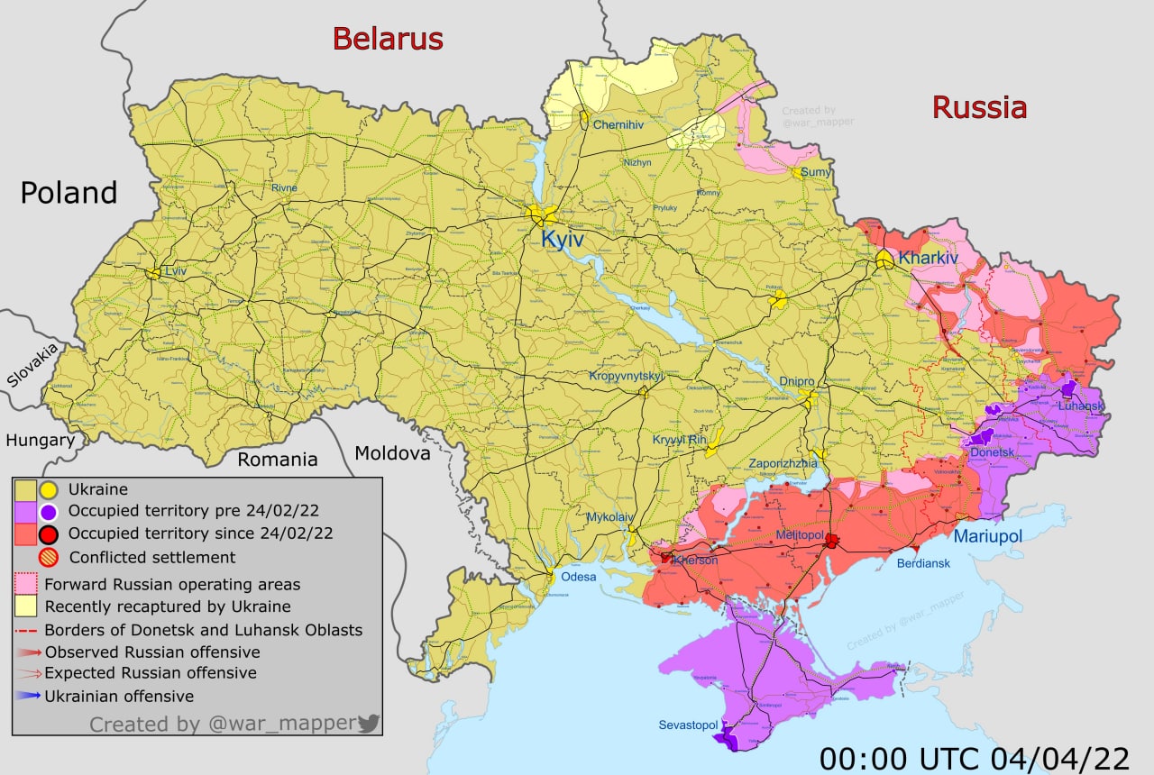 Belarus Poland "Rivne Slovakia Hungary Romania Ukraine Occupied territory pre 24/02/22 Occupied territory since 24/02/22 Conflicted settlement Forward Russian operating areas Recently recaptured by Ukraine -- Borders of Donetsk and Luhansk Oblasts &bull; Observed Russian offensive &rarr; Expected Russian offensive Ukrainian offensive Created by @war_mapper Moldova Chernihiv Nizhyn Kyiv Kropyvnytskyi Kryyyi Rih Mykolaiy Odesa i kerson Sevastopol Created by grwar mapper Sumy Russia Kharkiv Dnipro, -Luhagsh Zaporizhzhia Metitopole Donetsk. Mariupol Berdiansk Created by Gwat_mapper 00:00 UTC 04/04/22
